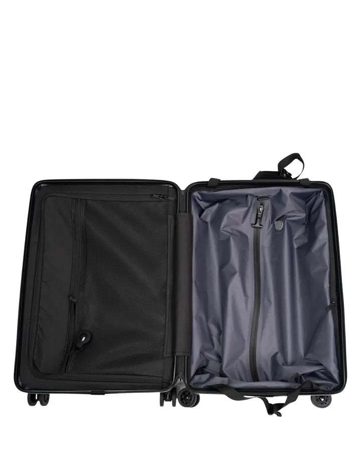 Backvac Flight Carry-on aberta, com a bolsa a vácuo cinza por dentro